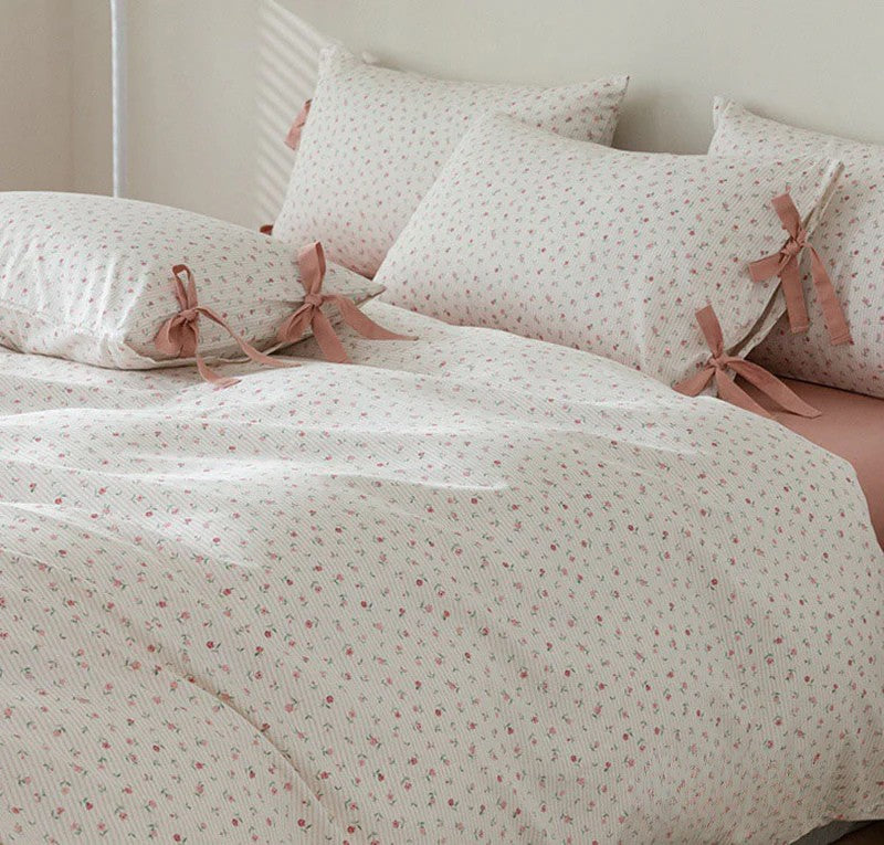 Cottage Ribbon Bow Tie Floral Bedding Set / Rust Pink