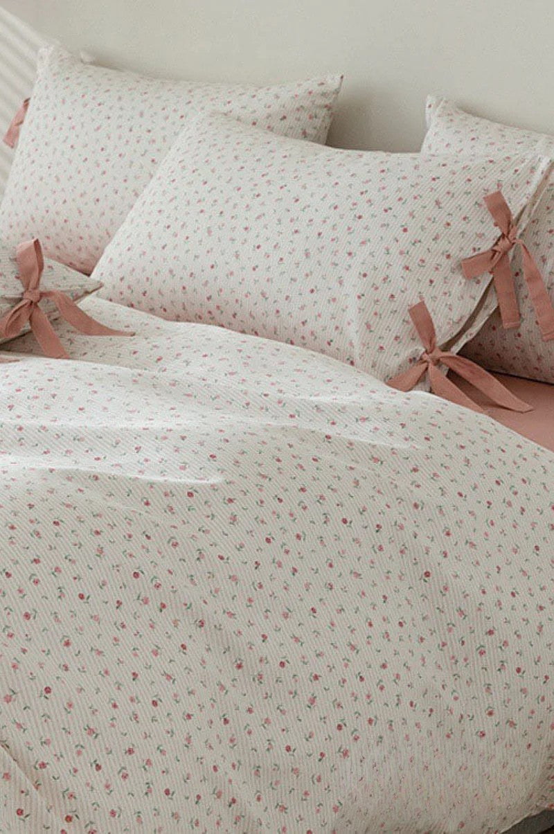 Cottage Ribbon Bow Tie Floral Bedding Set / Rust Pink
