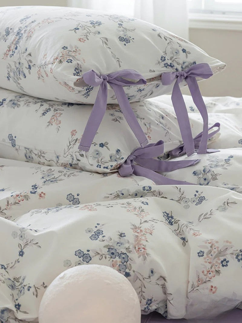 Cottage Ribbon Bow Tie Floral Bedding Set / Rust Pink