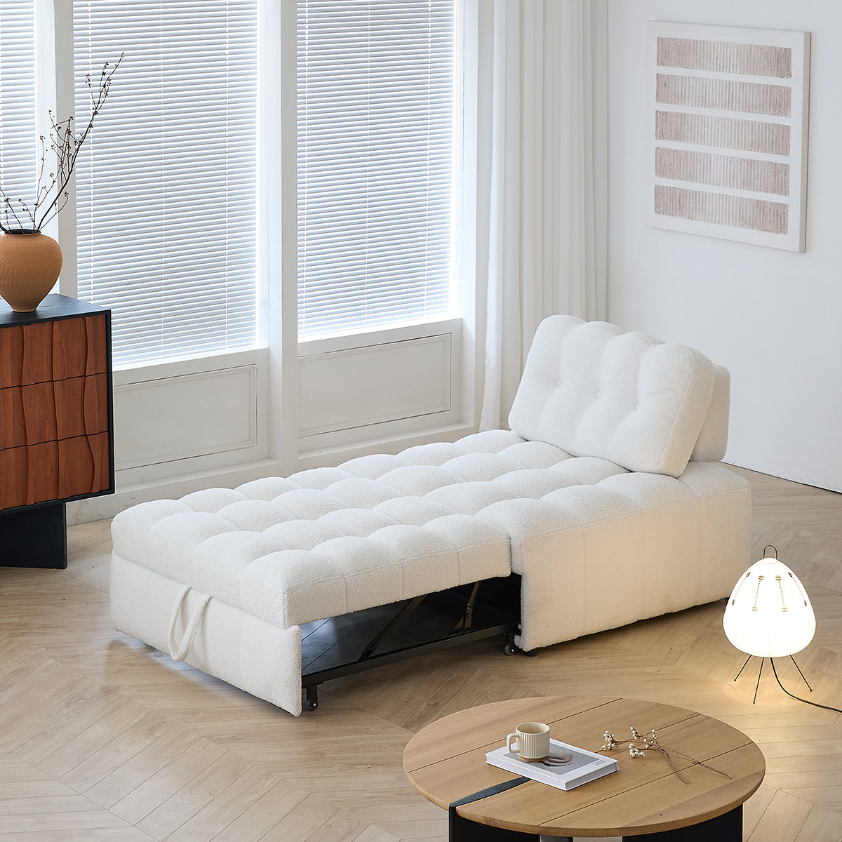 Teddy Fleece Lounge Sofa Bed – Cream White Pull-Out Sleeper for Small Spaces