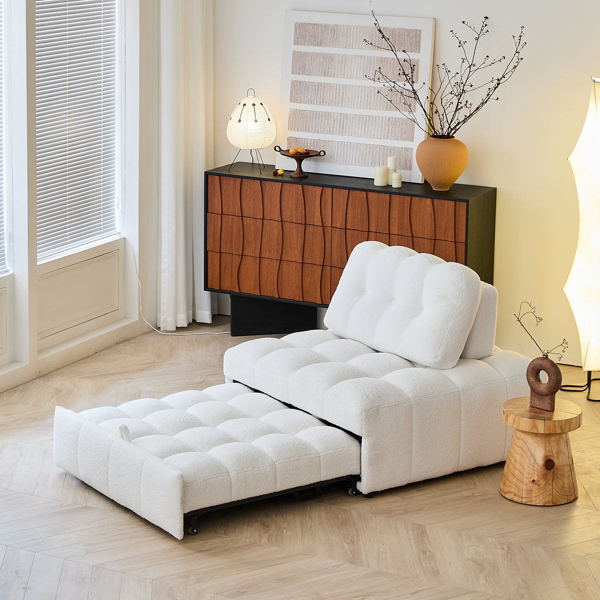Teddy Fleece Lounge Sofa Bed – Cream White Pull-Out Sleeper for Small Spaces