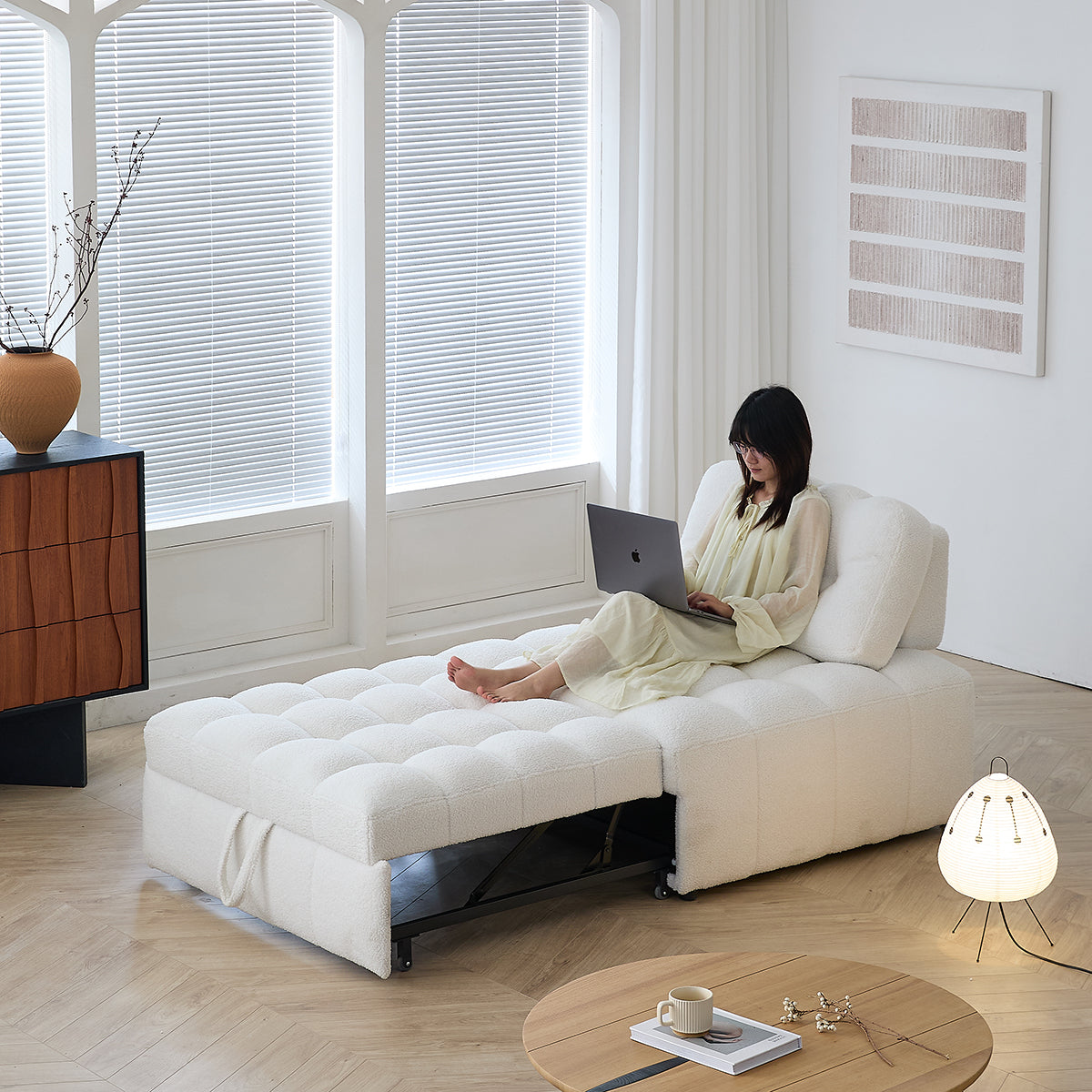 Teddy Fleece Lounge Sofa Bed – Cream White Pull-Out Sleeper for Small Spaces