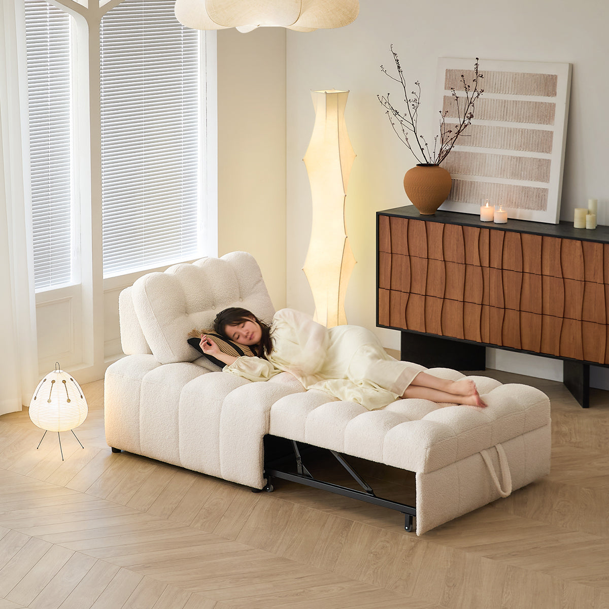 Teddy Fleece Lounge Sofa Bed – Cream White Pull-Out Sleeper for Small Spaces