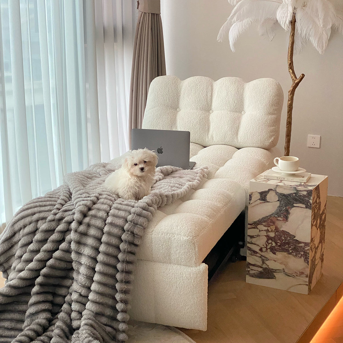 Teddy Fleece Lounge Sofa Bed – Cream White Pull-Out Sleeper for Small Spaces