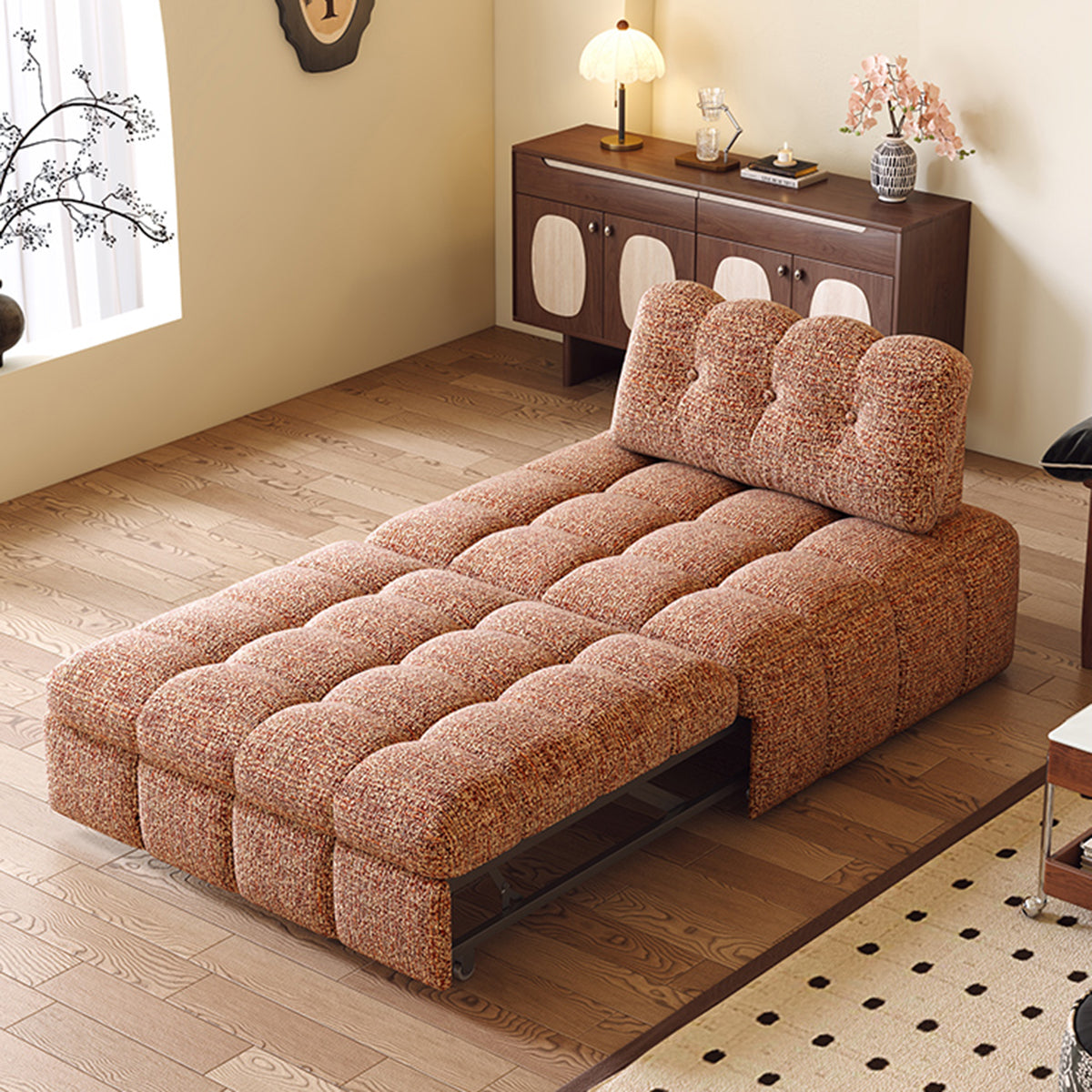 Teddy Fleece Lounge Sofa Bed – Cream White Pull-Out Sleeper for Small Spaces